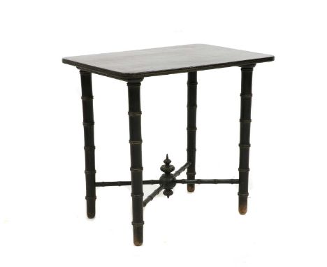 An ebonised console table, early 20th century, with rounded edges, raised on faux bamboo supports, joined by an x-shaped stre