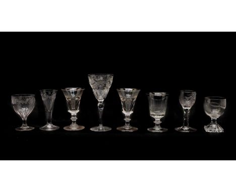 A collection of glass tableware, 18th century and later, to include a wine glass, c.1780, engraved with flowers and a bee opp