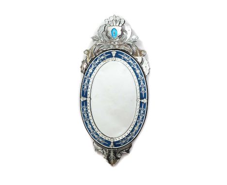 A modern Venetian-style etched glass mirror, with a scrolling foliate crest and cut glass roundels, 70cm wide, 140cm highCond