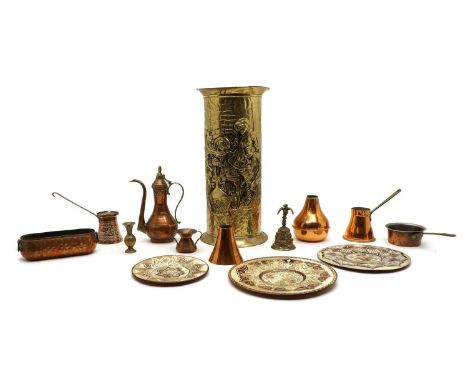 A collection of brass and copper items, to include a dallah style coffee pot, 22cm high, a single handle pouring vessel, deco