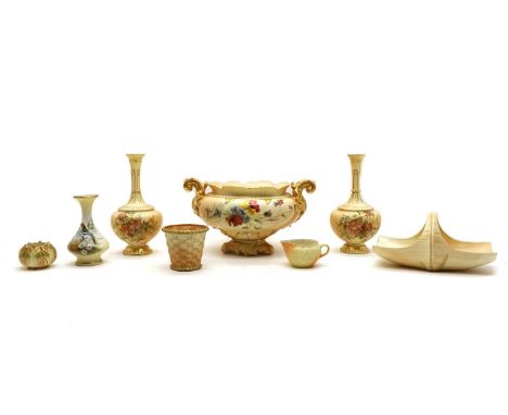 A collection of Royal Worcester blush ivory porcelain, early 20th century, to include a twin handled vase, model 1459, 30cm w