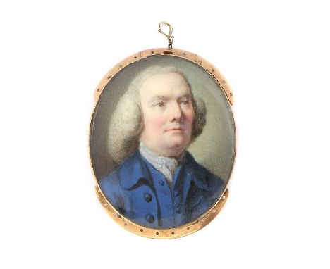 Thomas Day (c.1732-1807?) Portrait of a gentleman in a grey curled wig and blue coat with white stockminiature on ivory, oval