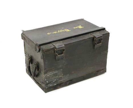 A painted leather prop trunk, the top painted 'Max Bygraves', with a Locke and Co., hat and a army cloth cap, 68cm wide, 45cm