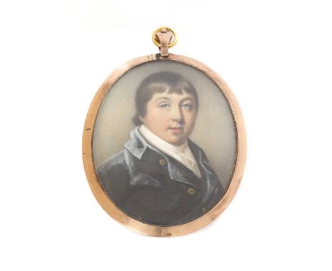 Abraham Daniel (1750-1806)Portrait of a gentleman in a blue coat with gold buttons and a white stockon ivory, oval6.3 x 5.1cm