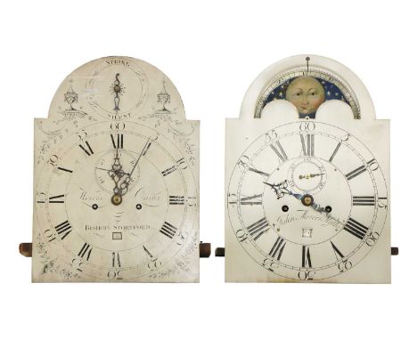 Two 19th century eight day longcase clock movements, with 12 inch arched silvered dials, the first with strike/silent and eng