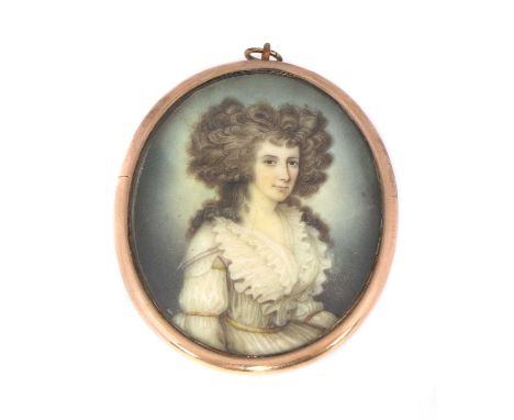 John Donaldson (1737-1801)Portrait of a lady, her natural hair worn à la conseilleur, wearing a lace fichu and lace-trimmed g