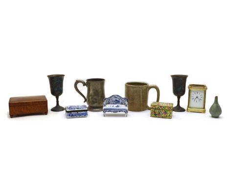A brass cased carriage clock, with white dial and Roman numerals, a Delft blue and white trinket box, a similar miniature cha