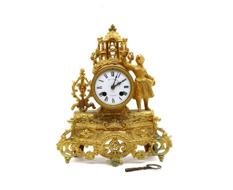 A Continental gilt spelter mantel clock, late 19th/ early 20th century, the case with figural and scrolling foliate detail, h