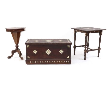 An shell inlaid trunk, 20th century, with an iron handle to either end, with geometric decoration, 95cm wide, 48cm deep, 35cm