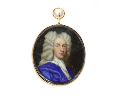 Abraham Seaman (fl.1724-1731)Portrait of a gentleman in a long grey curled wig, blue cloak and white stockenamel on copper, o