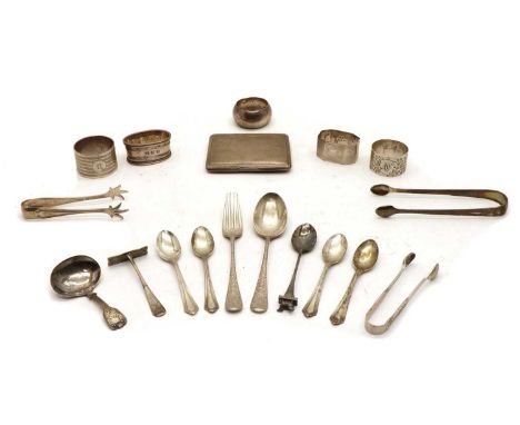 A quantity of silver items, consisting of a 1930's cigarette case, opening to reveal a silver gilt interior with personal eng