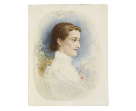 A set of four portraits on porcelain tiles:Miss Eaton in profile;Lord Cheylsmore, inscribed Dickinson &amp; Foster and dated 