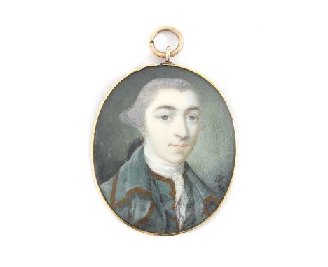 English School, 18th centuryPortrait of a gentleman in a green coat trimmed with gold braidindistinctly signed with initials 