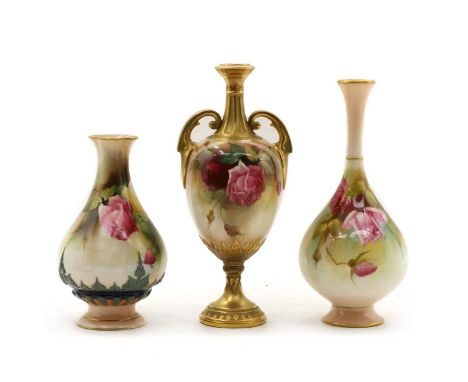 A collection of Royal Worcester Hadley porcelain vases, early 20th century, each painted with roses, the first twin handles, 