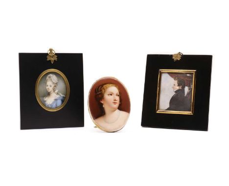 English School, 19th century portrait miniature woman with tied back hair 10.5 x 8cm,  together with a portrait miniature,  h