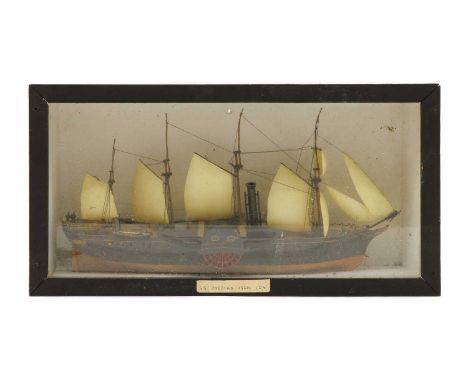 A wooden model of the SS Medina (1920), the ship with five principal masts, a painted hull and steam paddles, displayed in gl