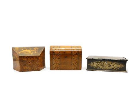 A Victorian stationery box, printed with dogs ratting over marbled sides, together with a papier-mache and ebonised writing b
