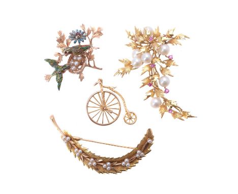 
	
		A French 1950s feather brooch, the stylised feather set with trios of cultured pearls, stamped with French poincons, 6.2