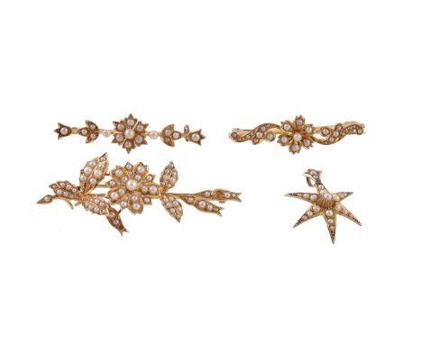 
	
		A Edwardian half pearl dog rose brooch, circa 1906, the spray brooch with flower head, buds and leaves pavé set with gra
