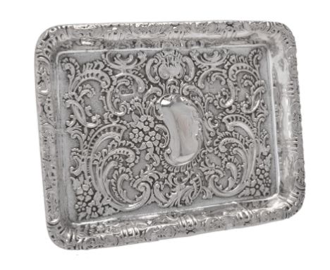 
	
		An Edwardian silver rectangular tray by Walker &amp; Hall, Sheffield 1902, embossed with floral sprays and C-scrolls, en