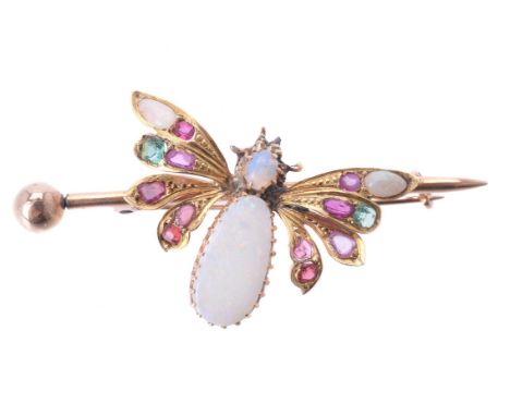 
	
		A gem set butterfly brooch, the oval opal body and head between the wings set with vari cut rubies, emeralds and opals, 