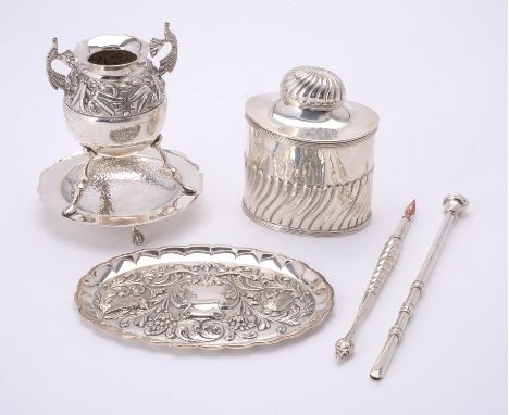 
	
		A collection of silver and silver coloured items, to include: a silver oval tea caddy by George Unite &amp; Sons, Birmin