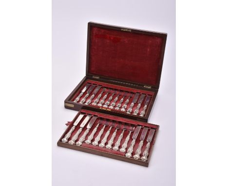 
	
		A cased Victorian silver matched set of twelve Albert pattern dessert knives and forks by Atkin Brothers, Sheffield 1852