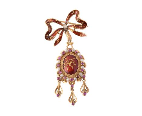 
	
		An enamel, ruby and cultured pearl pendant, the oval pendant with a red enamel panel within a surround of cultured pearl