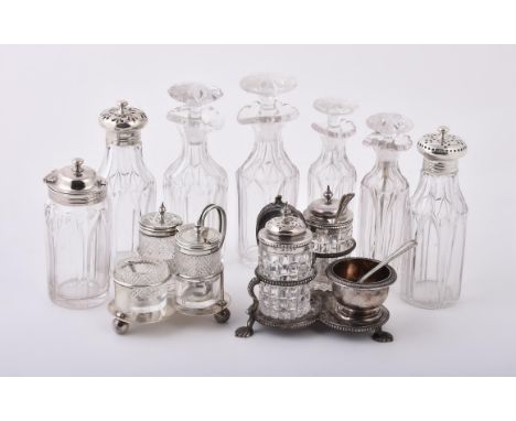 
	
		A collection of silver mounted cruet items, to include: a Victorian silver trefoil shaped cruet stand by Henry Wilkinson