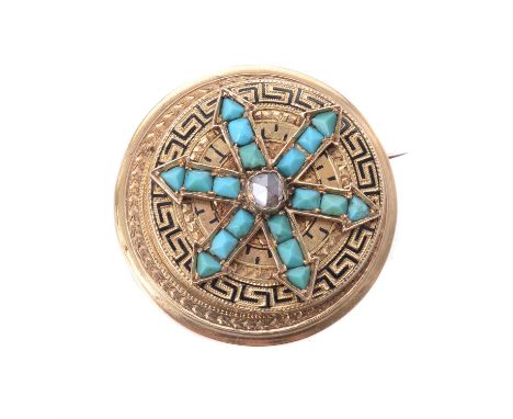 
	
		A Victorian turquoise and enamel locket brooch, circa 1880, the circular panel set with a central rose cut diamond with 