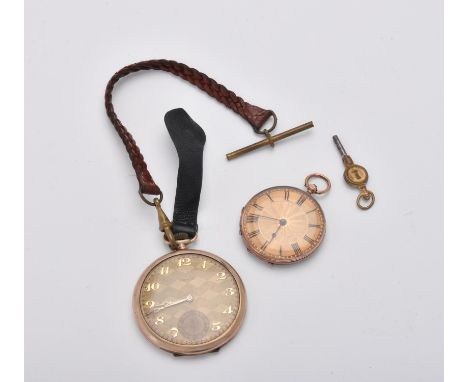 
	
		Unsigned, 
		Gold coloured open face fob watch, no. 832
		Movement: Cylinder escapement, three armed flat balance, flat 