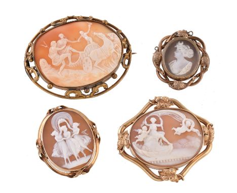 
	
		A Victorian shell cameo brooch of Venus, circa 1850, the oval shell cameo carved with Venus seated in a shell with two c