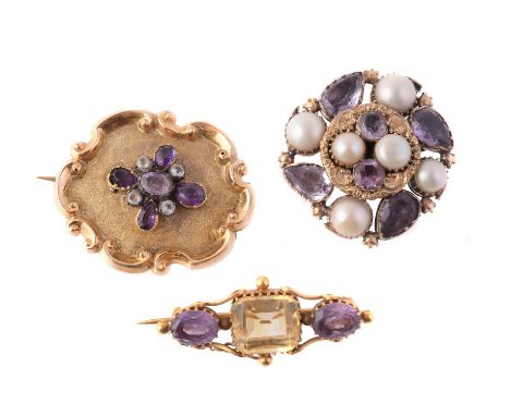 
	
		A Victorian amethyst and half pearl brooch, the circular brooch with pear cut amethysts and half pearls in cut down coll