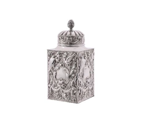 
	
		A Victorian silver rectangular tea caddy by William Comyns, London 1891, with a cone finial to the shaped lobed cover, t
