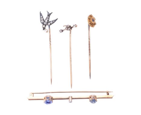 
	
		A late Victorian and later diamond and pearl swift stick pin, the swift set with old cut and rose cut diamonds, approxim