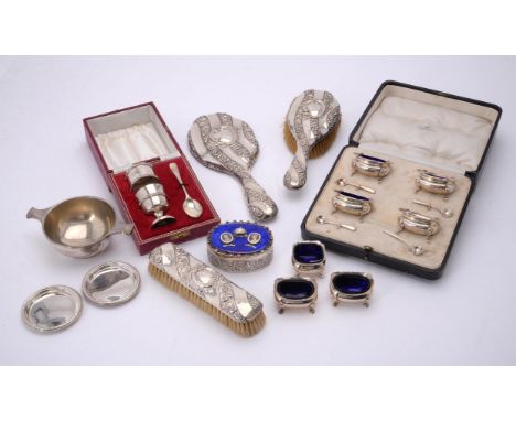 
	
		A collection of silver and silver mounted items, to include: a cased set of four matched shaped oblong baluster salts by