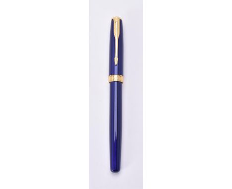 
	
		Parker, Sonnet, a blue fountain pen, the cap with gilt arrow clip and cap band, the fine nib stamped 750, cartridge fill