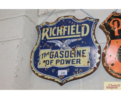A "Richfield The gasoline of Power" shield shape enamel advertising sign, approx. 12" x 12" in extremes