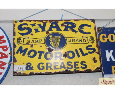 A "Swarc Motor Oils and Greases" enamel advertising sign, approx. 8" x 12"