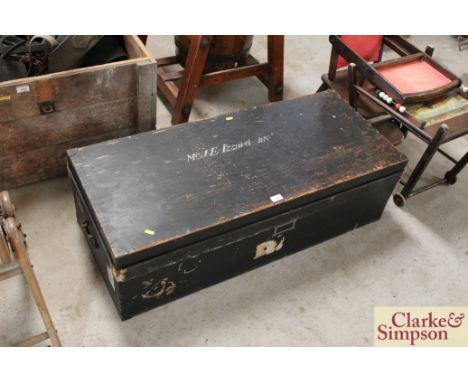 A large wooden and brass cornered travelling trunk with handles, (with Naval connections)