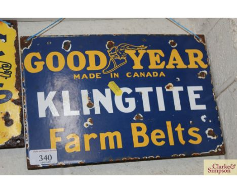 A "Goodyear Klingtite Farm Belts" enamel advertising sign, approx.&nbsp; 8" x 12"