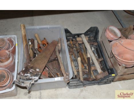 A plastic box and contents of various hand tools including saws, drills etc. and a plastic box and contents of miscellaneous 