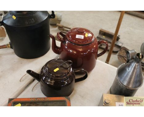 Two vintage enamel teapots, one gallon and half gallon