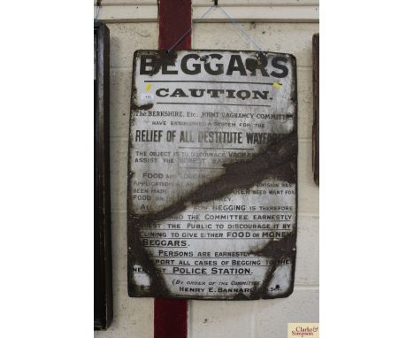 An enamel sign dated 1911 relating Beggars and The Relief of Destitute Wayfarers  AF