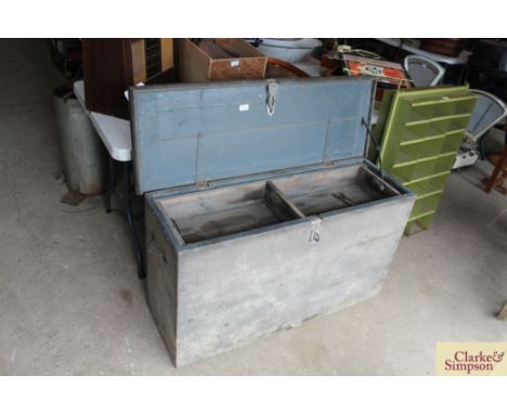 A vintage part compartmentalised large wooden box with two wooden trays to the interior, and two carrying handles