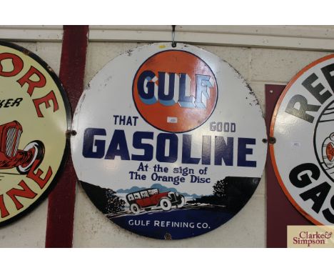 A circular enamel advertising sign for "Gulf Gasoline" approx. 31" dia.