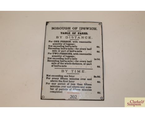 An early 20th Century "Borough of Ipswich Table of Fares by Distance and Time" enamel sign, good condition 