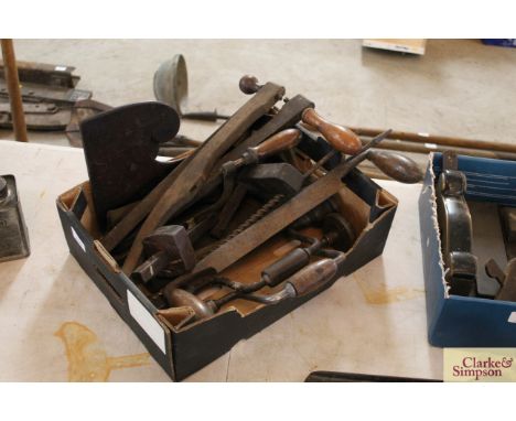 A quantity of tools including two braces, borers, three other small planes and a quantity of sharpening stones 