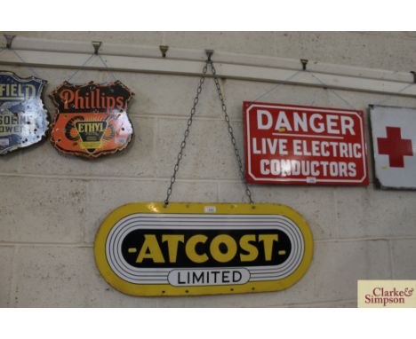 An "Atcost Limited" enamel advertising sign with chain hangers. approx.&nbsp; 12" x 30"