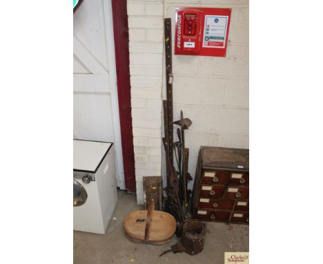 Various old iron hand tools, including sash clamps, pipe vice, a wooden trug etc.